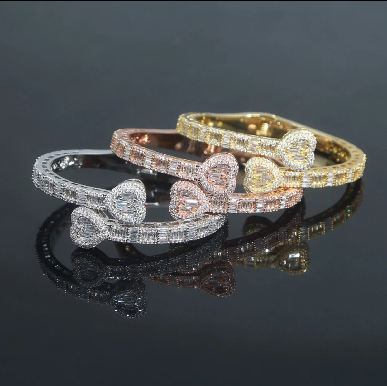 Iced Out Bling Opened Heart Bracelet Ring Set