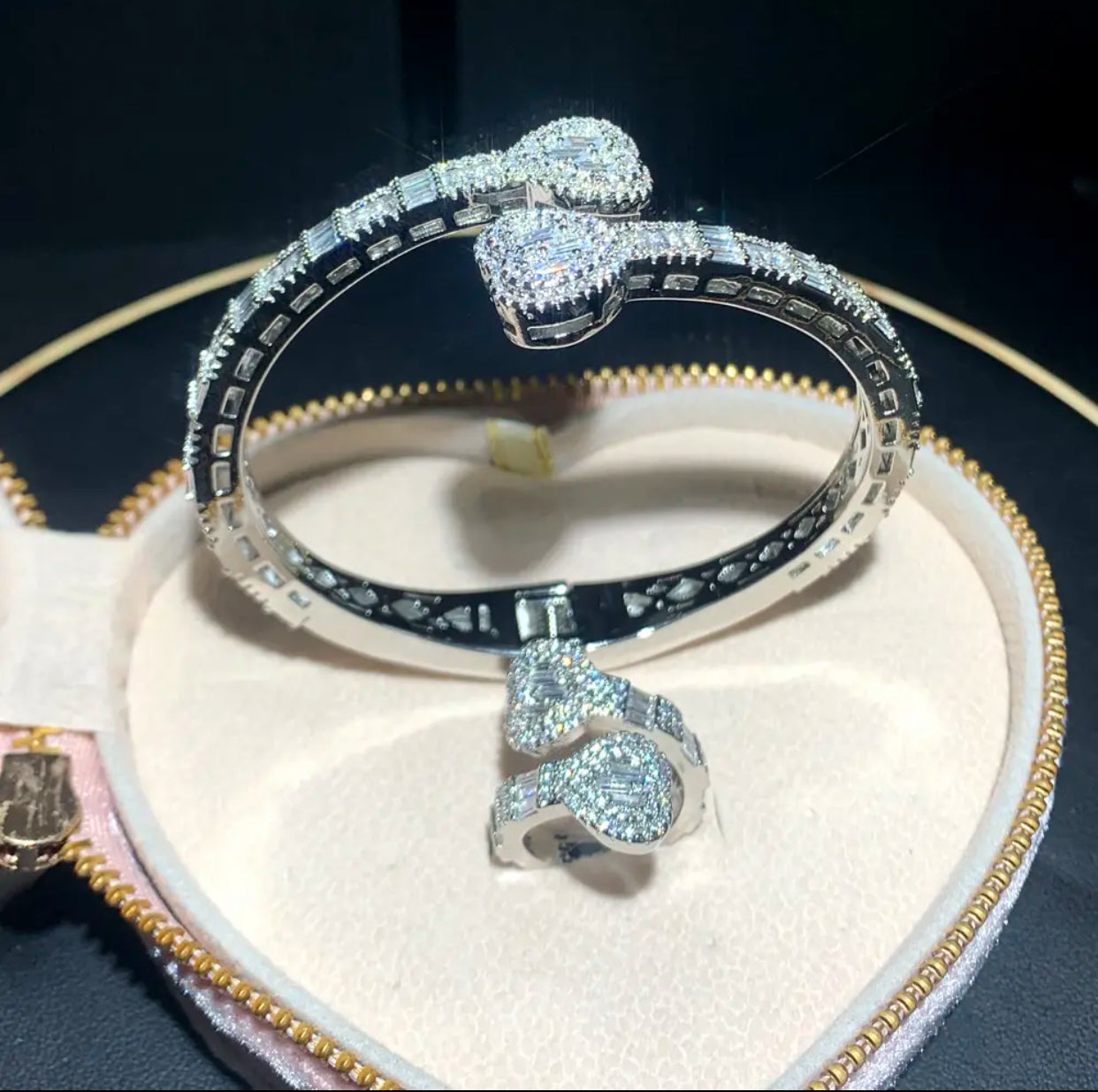 Iced Out Bling Opened Heart Bracelet Ring Set