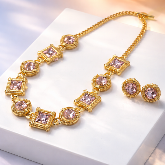 Designer Brand Pink Diamond Necklace Earrings Set